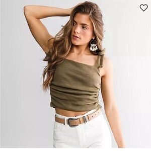 Free People Olive Green Ruched Cropped Tank Top